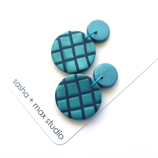Metallic Teal Grid Disc Polymer Clay statement earrings