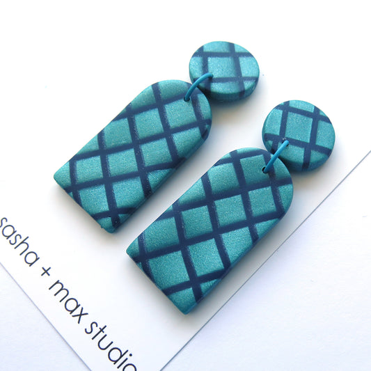 Metallic Teal Grid Arch Polymer Clay statement earrings