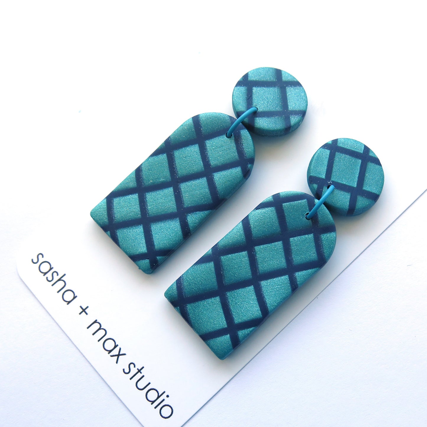 Metallic Teal Grid Arch Polymer Clay statement earrings