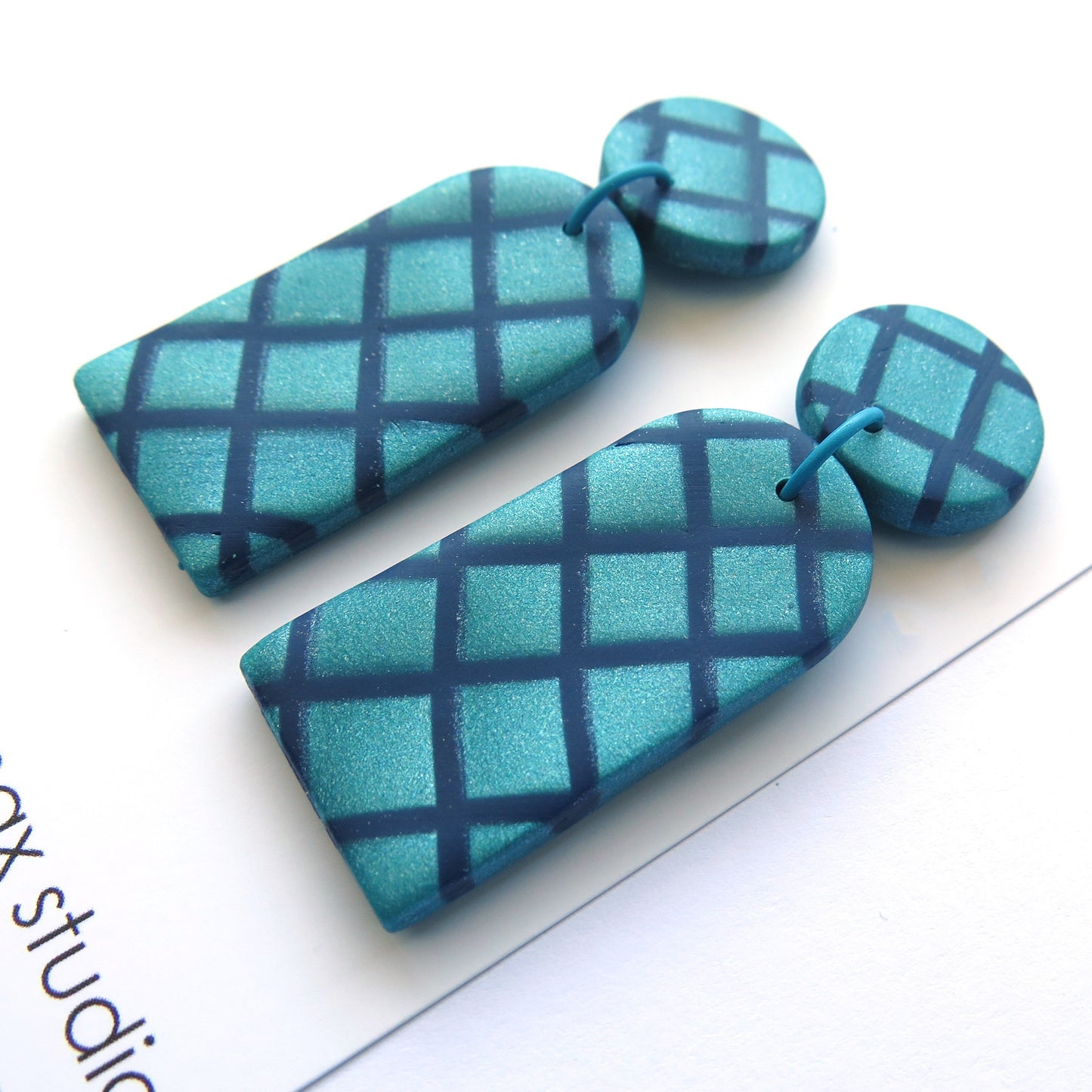 Metallic Teal Grid Arch Polymer Clay statement earrings