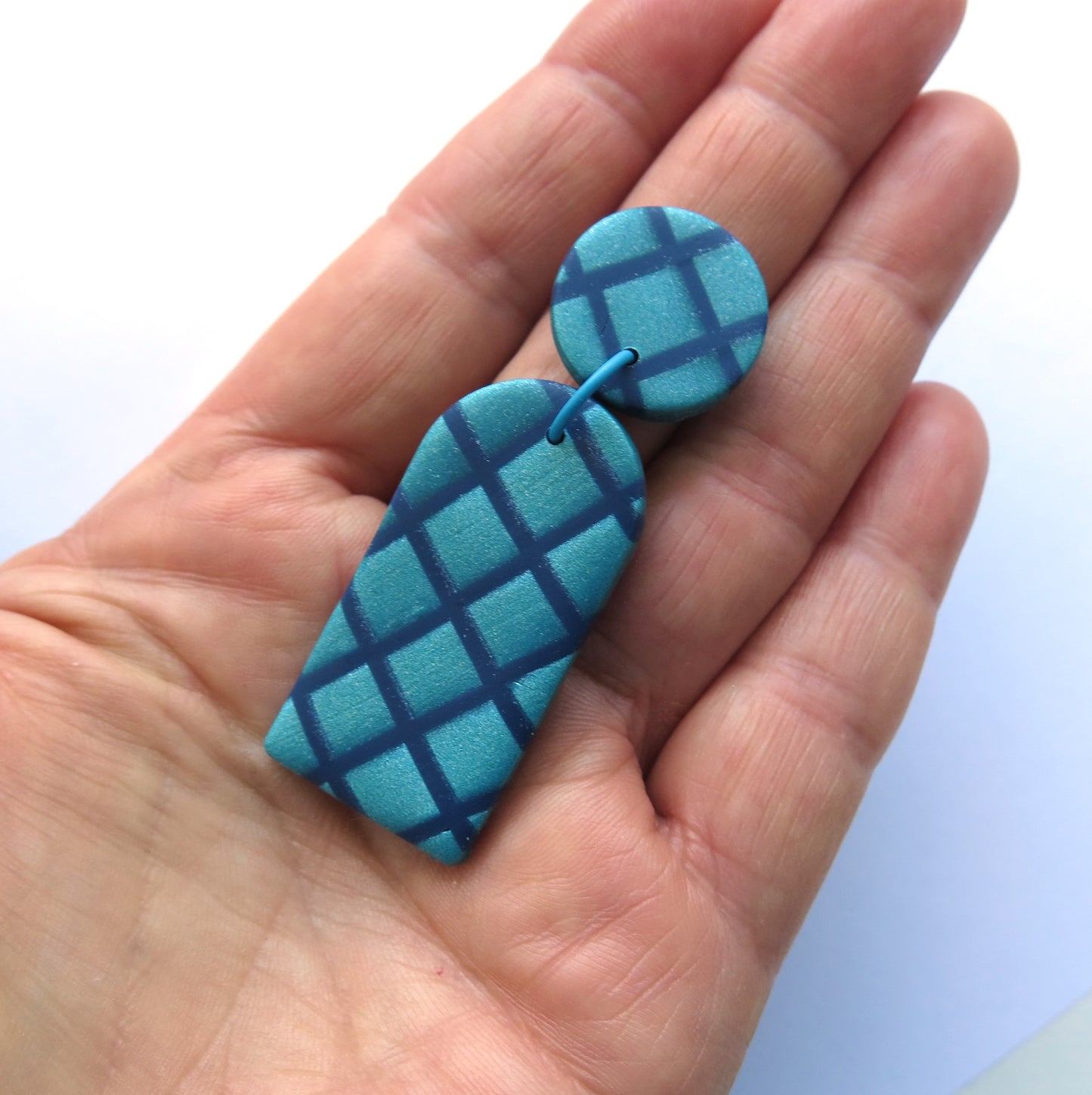 Metallic Teal Grid Arch Polymer Clay statement earrings