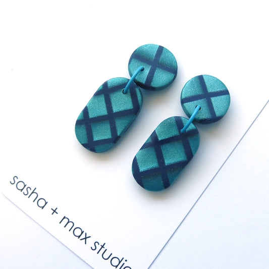 Metallic Teal Grid Pill Polymer Clay statement earrings