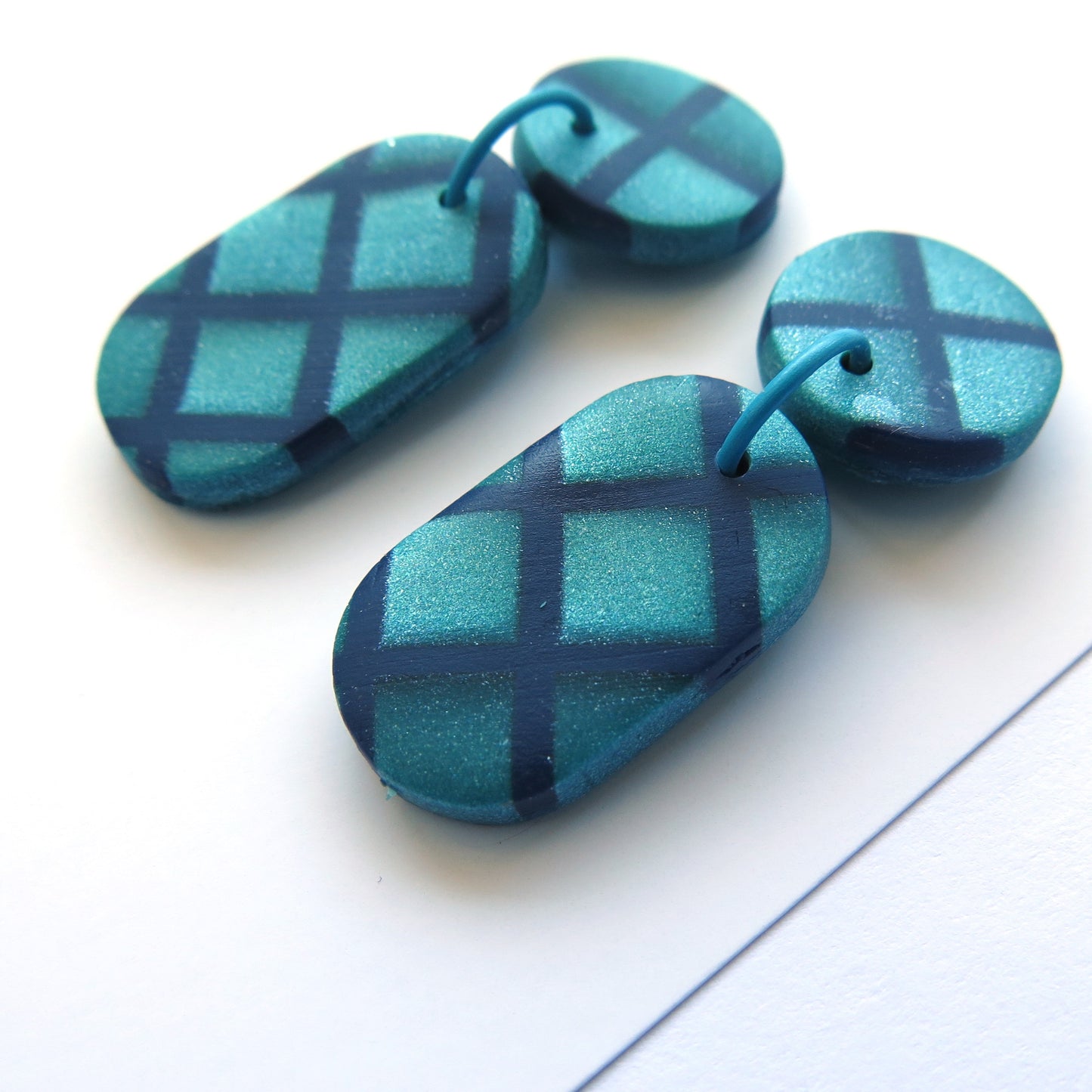 Metallic Teal Grid Pill Polymer Clay statement earrings