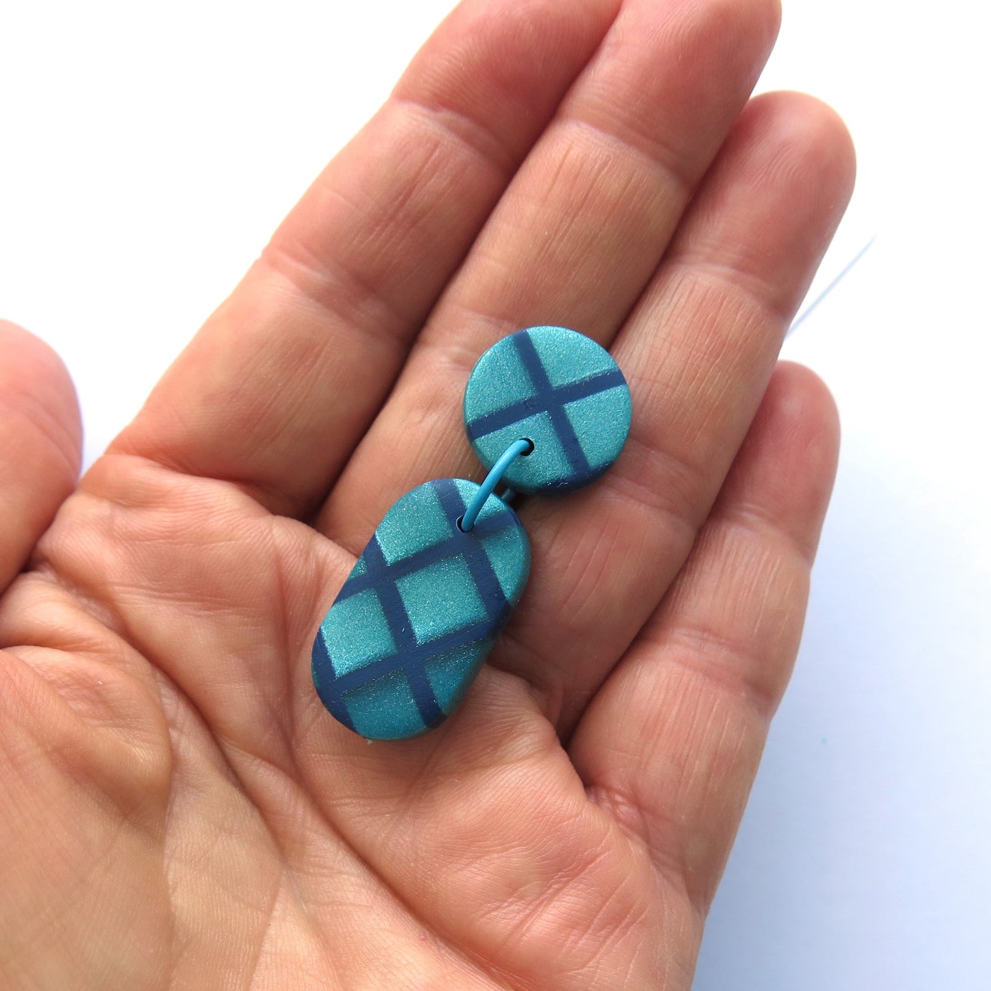 Metallic Teal Grid Pill Polymer Clay statement earrings