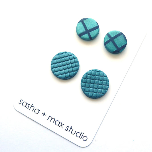 Metallic Teal Grid and Plain Stud Polymer Clay earrings