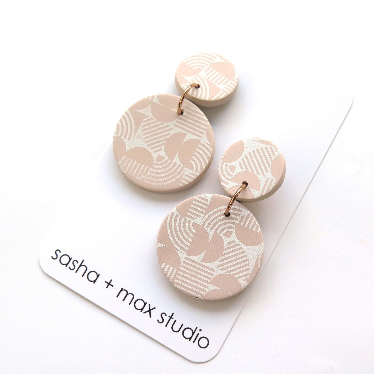 Retro Round ecru and white polymer clay earrings