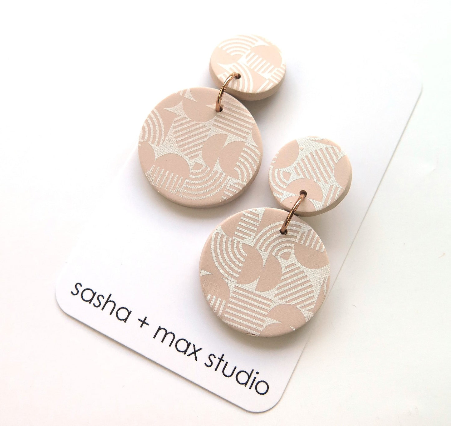 Retro Round ecru and white polymer clay earrings