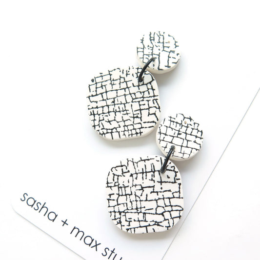 Crackle White and Black Statement Polymer Clay Earrings