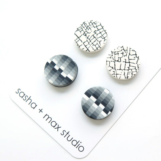 Neutral Grey Black White - Stud 2 pack Polymer Clay Earrings