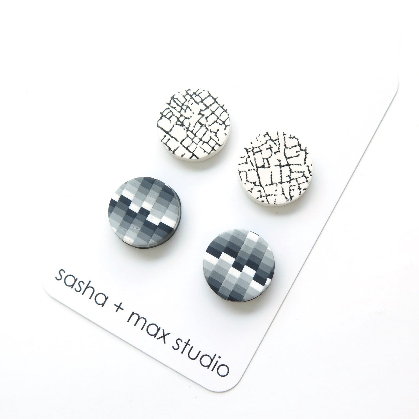 Neutral Grey Black White - Stud 2 pack Polymer Clay Earrings