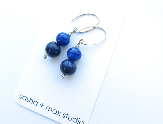 Navy blue glass beaded drop earrings