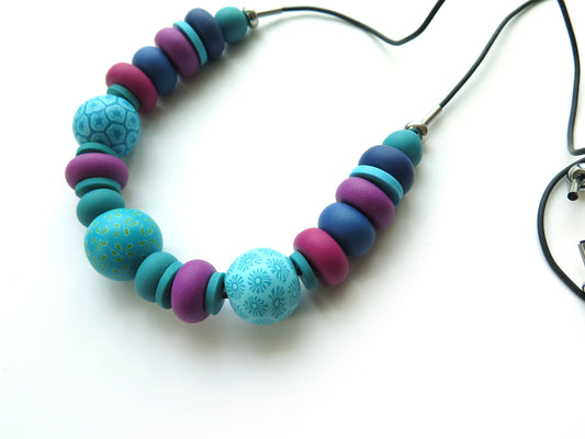 Blue green and teal chunky polymer clay necklace