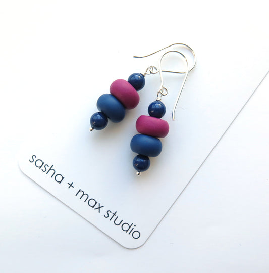 Blue magenta and pearl beaded drop  earrings
