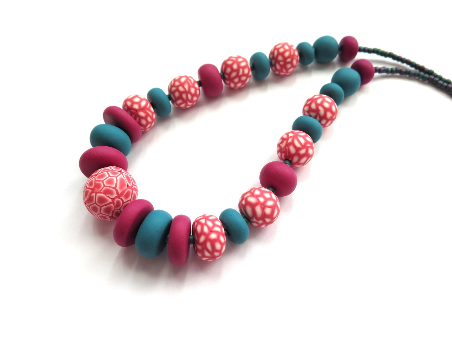 Teal and coral statement polymer clay beaded necklace