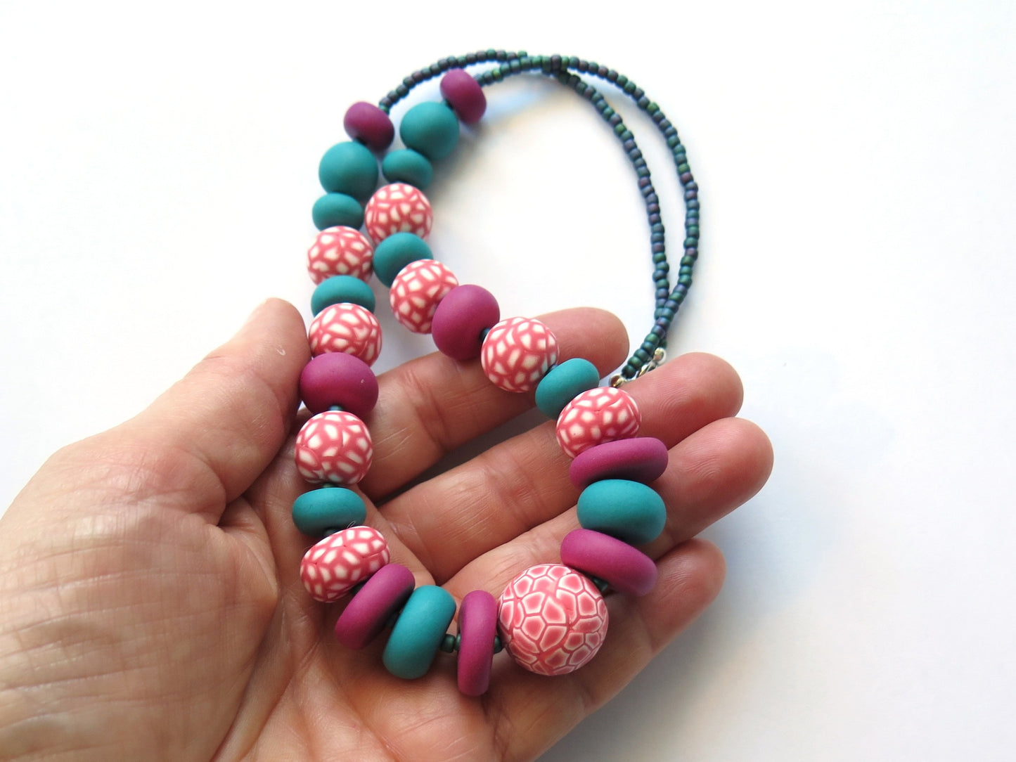 Teal and coral statement polymer clay beaded necklace
