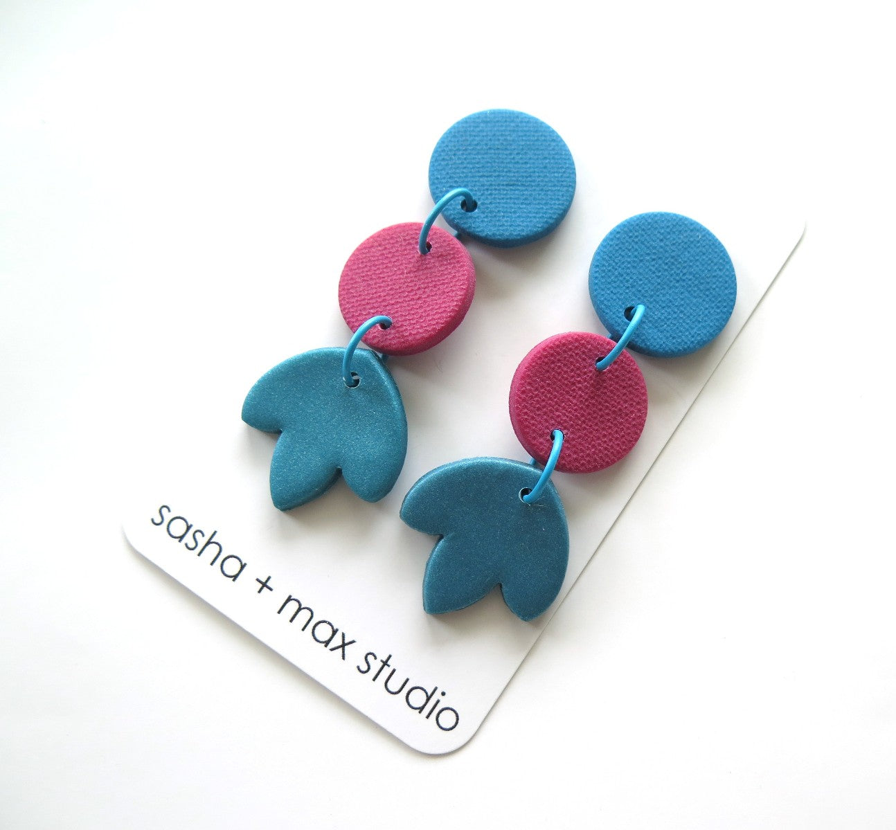 Colour Block Drop Earrings Teal and Pink 1