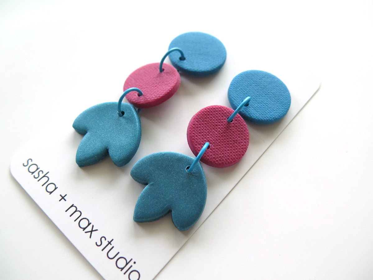 Colour Block Drop Earrings Teal and Pink 1
