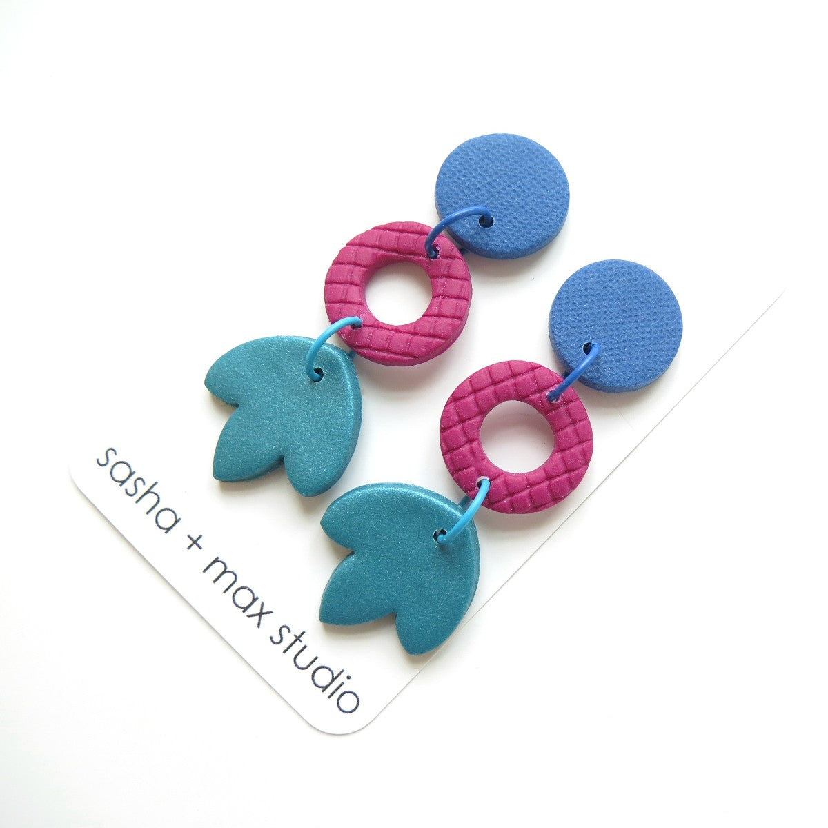 Colour Block Drop Earrings Texture Ring and Flower Teal Blue Pink