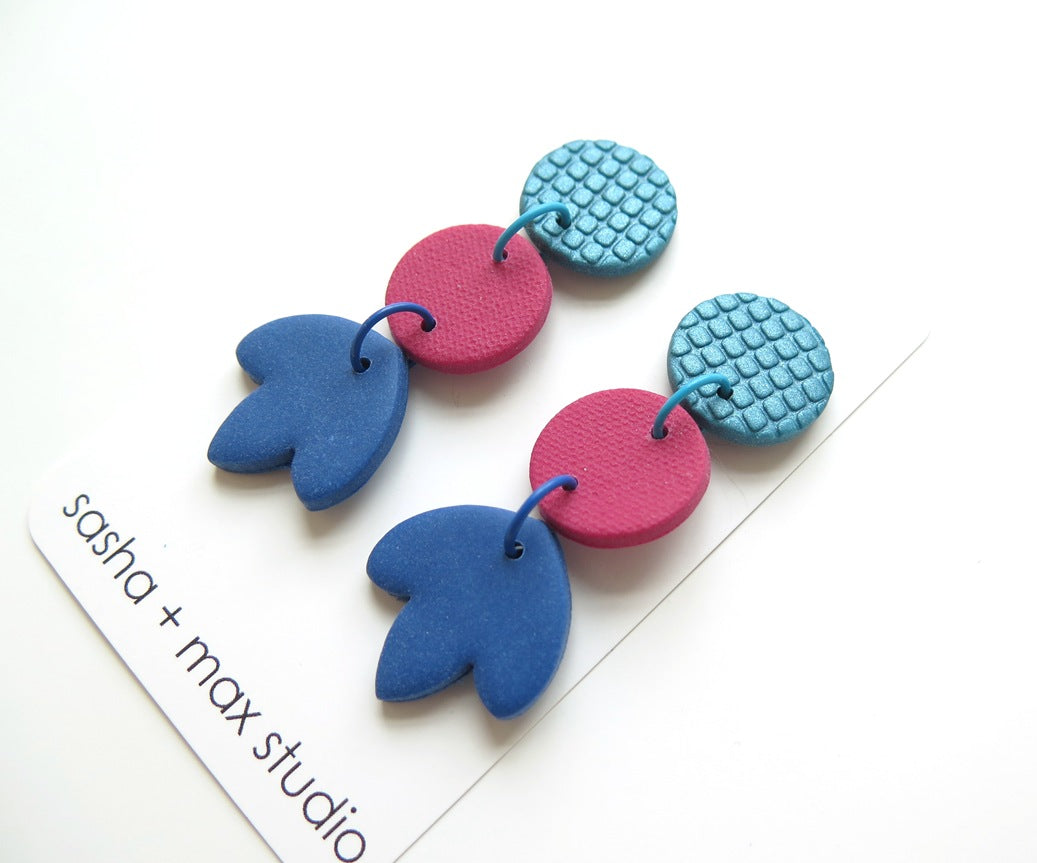 Colour Block Drop Earrings  Texture Teal, Blue and Pink 1