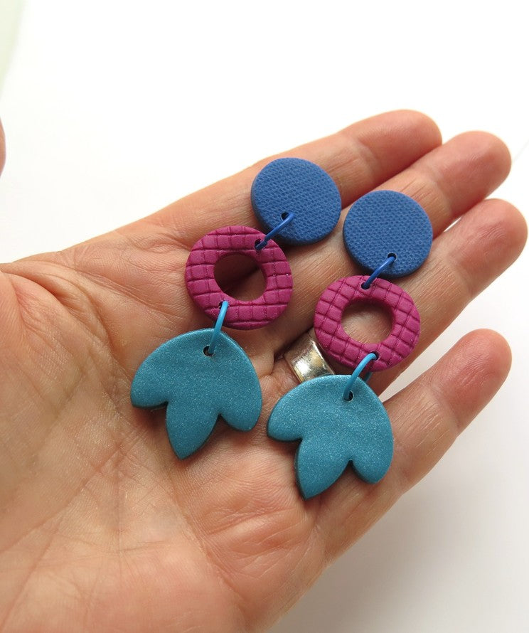 Colour Block Drop Earrings Texture Ring and Flower Teal Blue Pink