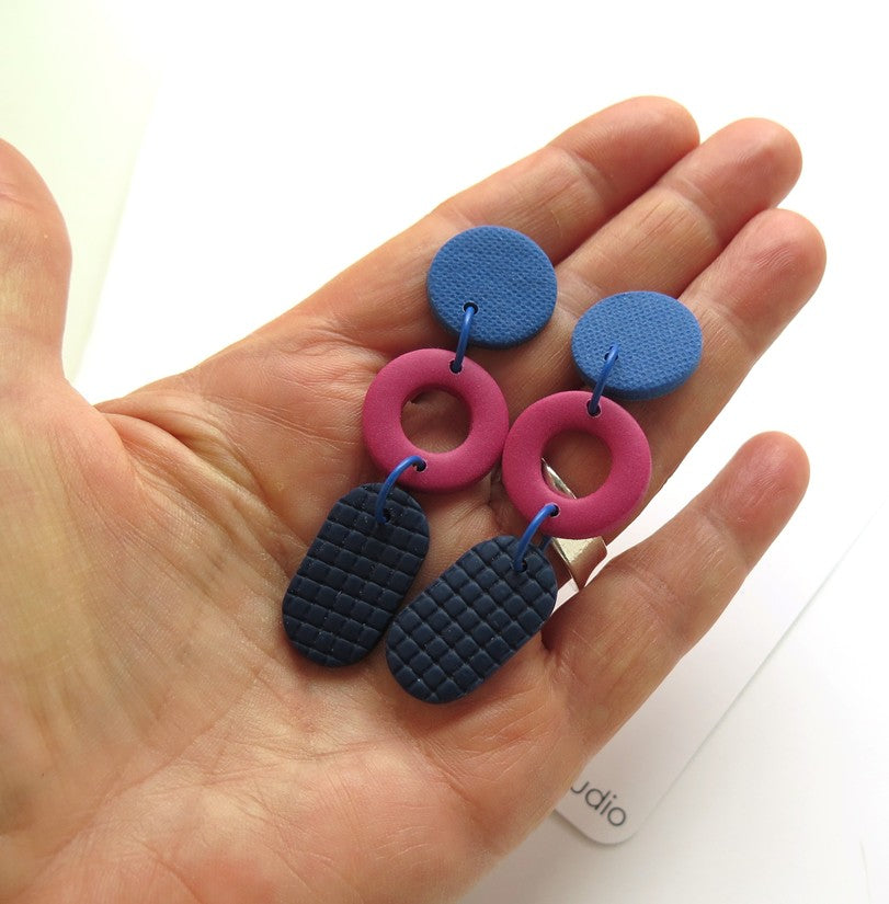 Colour Block Drop Earrings Navy Blue and Pink 1