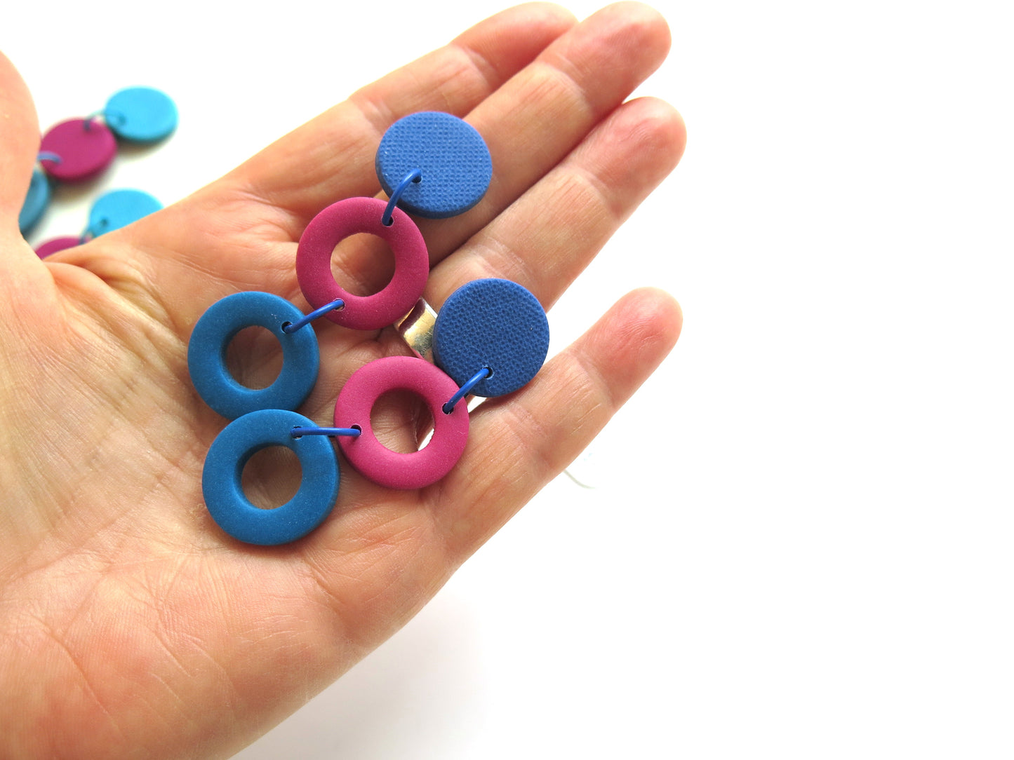 Colour Block Drop Earrings Rings Blue Pink