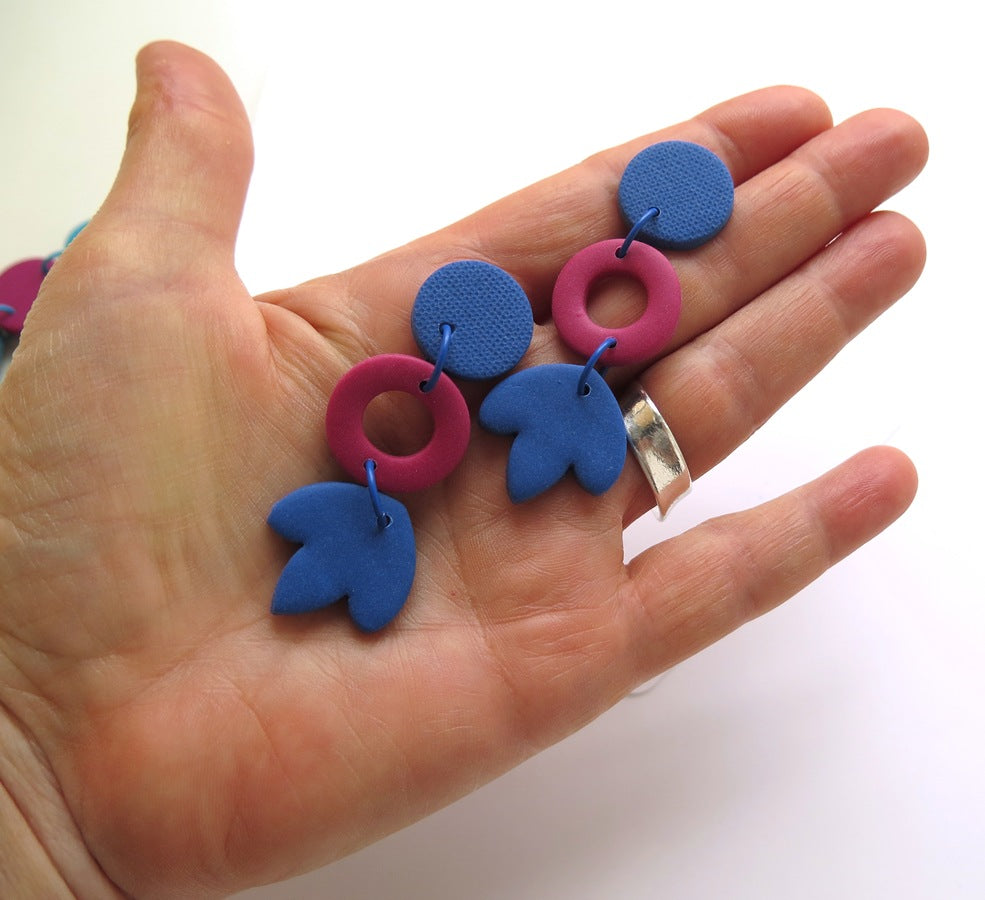 Colour Block Drop Earrings Ring and Flower Blue Pink