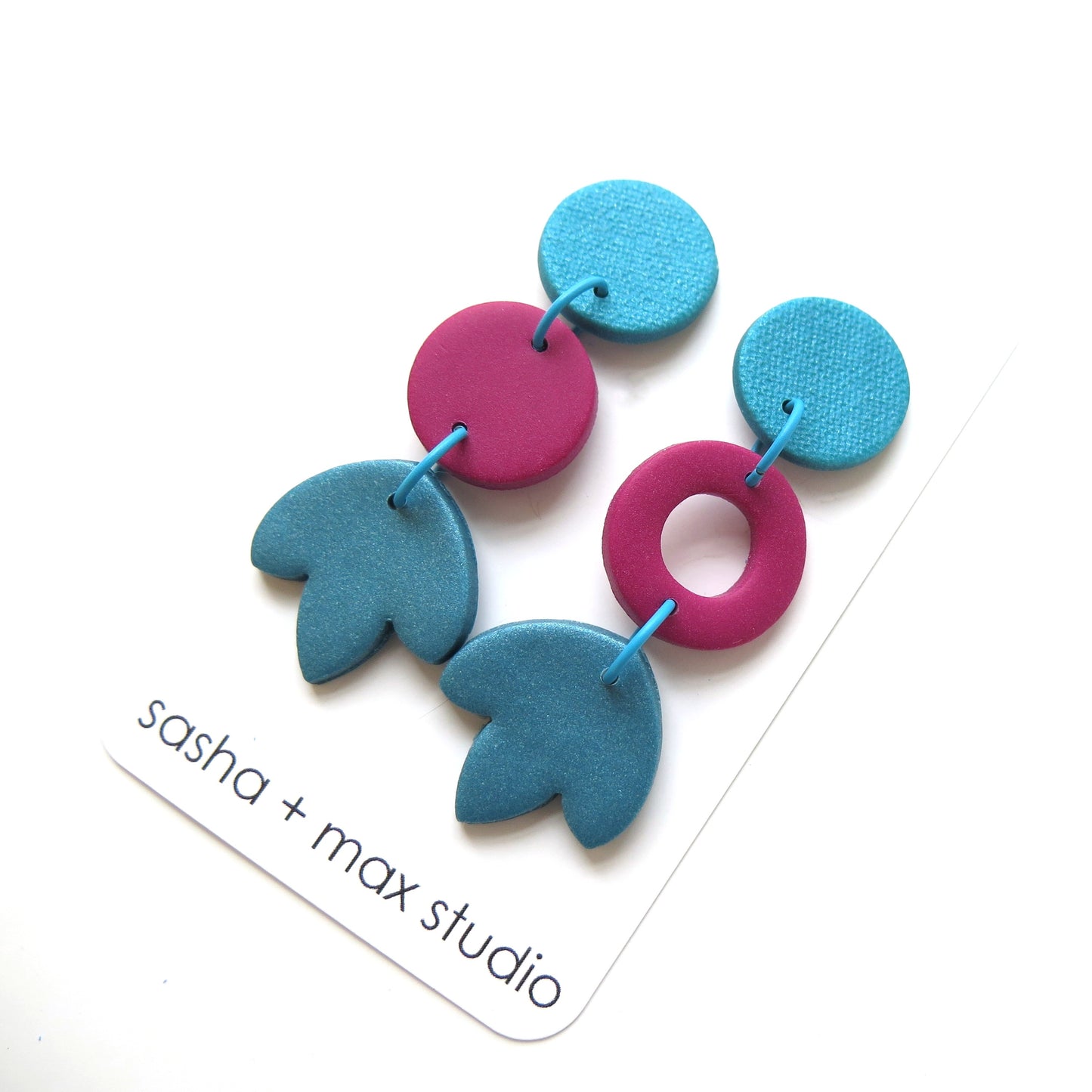 Colour Block Drop Earrings Teal and Pink 2 with ring