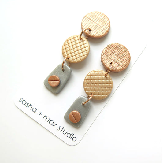 3 layer drop earrings in metallic look clays 