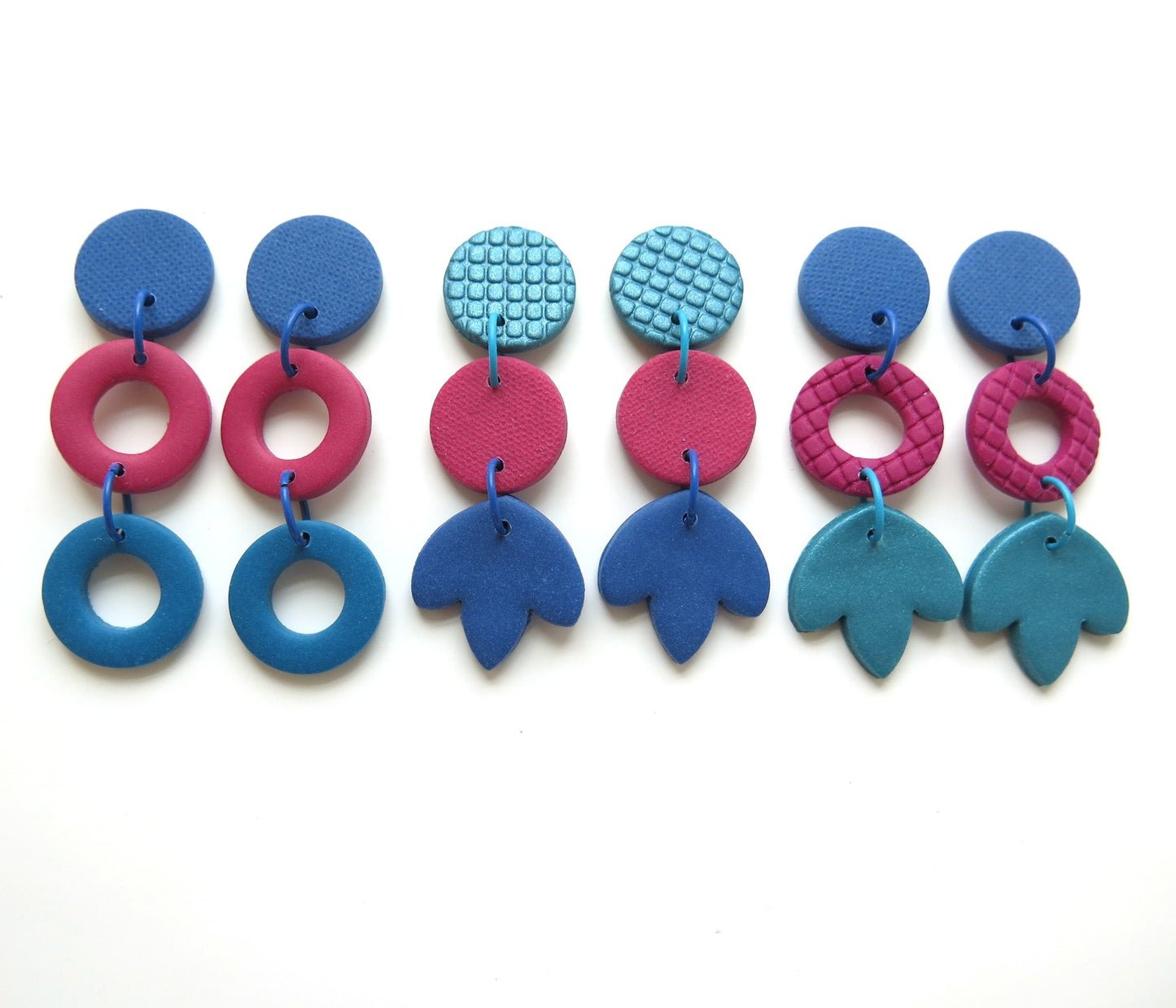 Colour Block Drop Earrings Rings Blue Pink