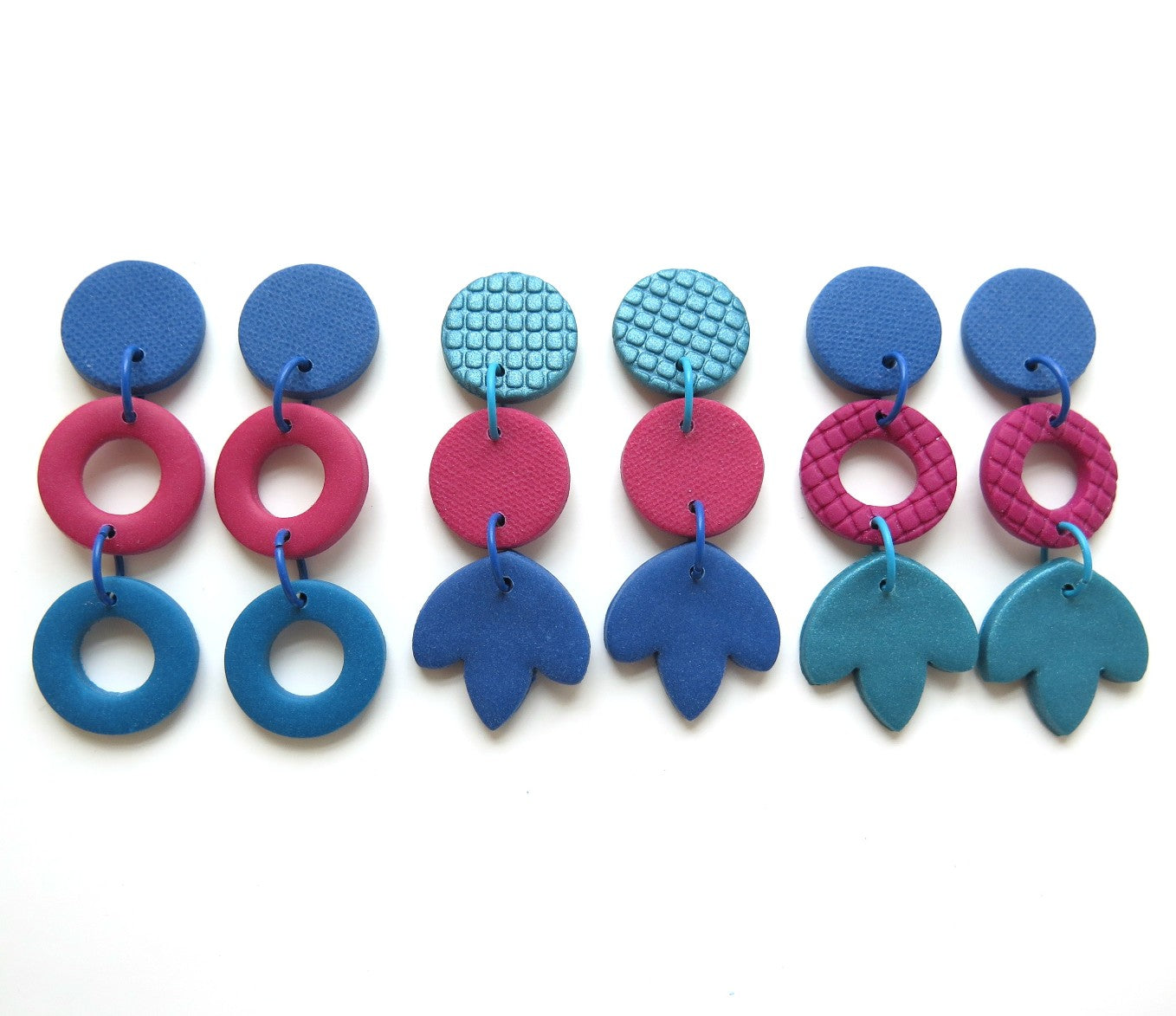 Colour Block Drop Earrings Teal and Pink 2 with ring