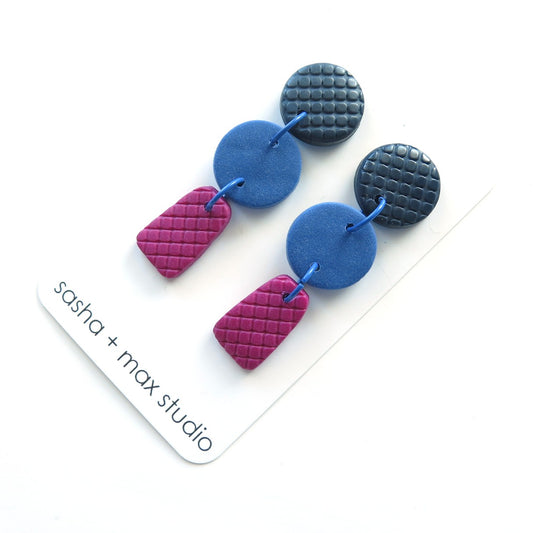 Colour Block Drop Earrings Texture Navy Blue and Pink