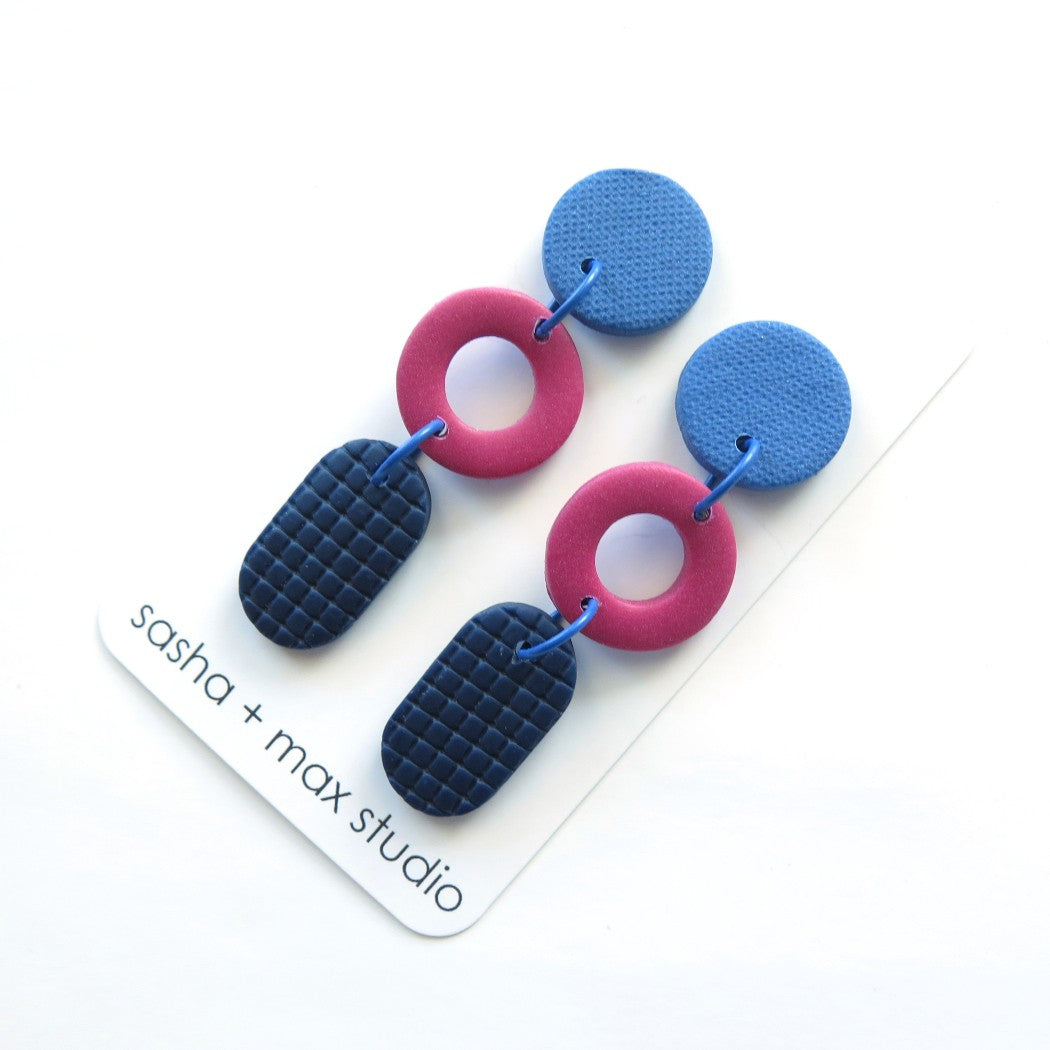 Colour Block Drop Earrings Navy Blue and Pink 1