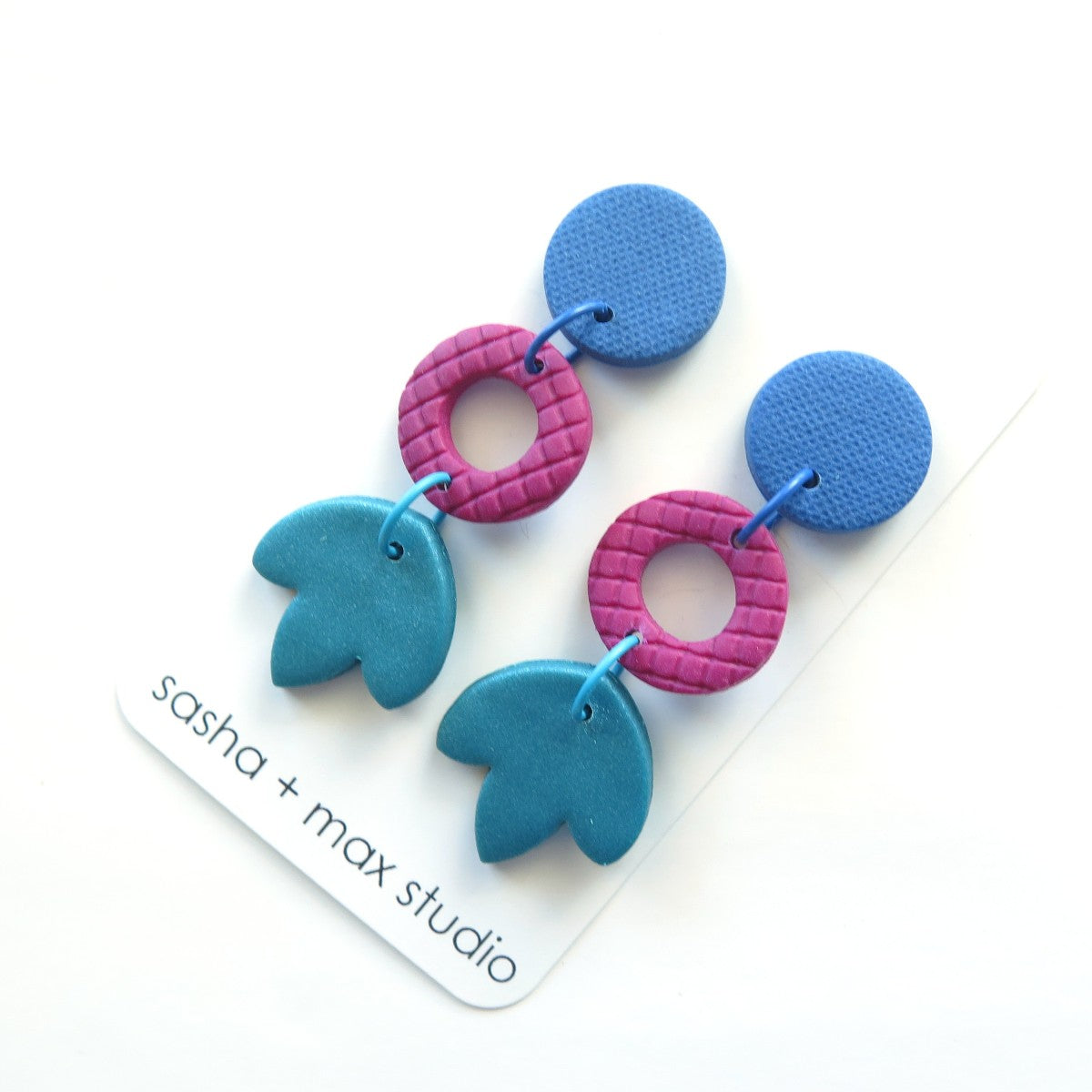 Colour Block Drop Earrings Texture Ring and Flower Teal Blue Pink