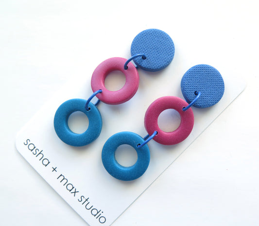 Colour Block Drop Earrings Rings Blue Pink
