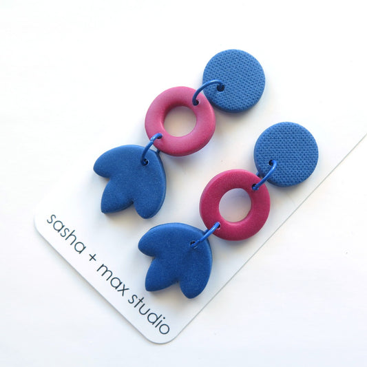 Colour Block Drop Earrings Ring and Flower Blue Pink