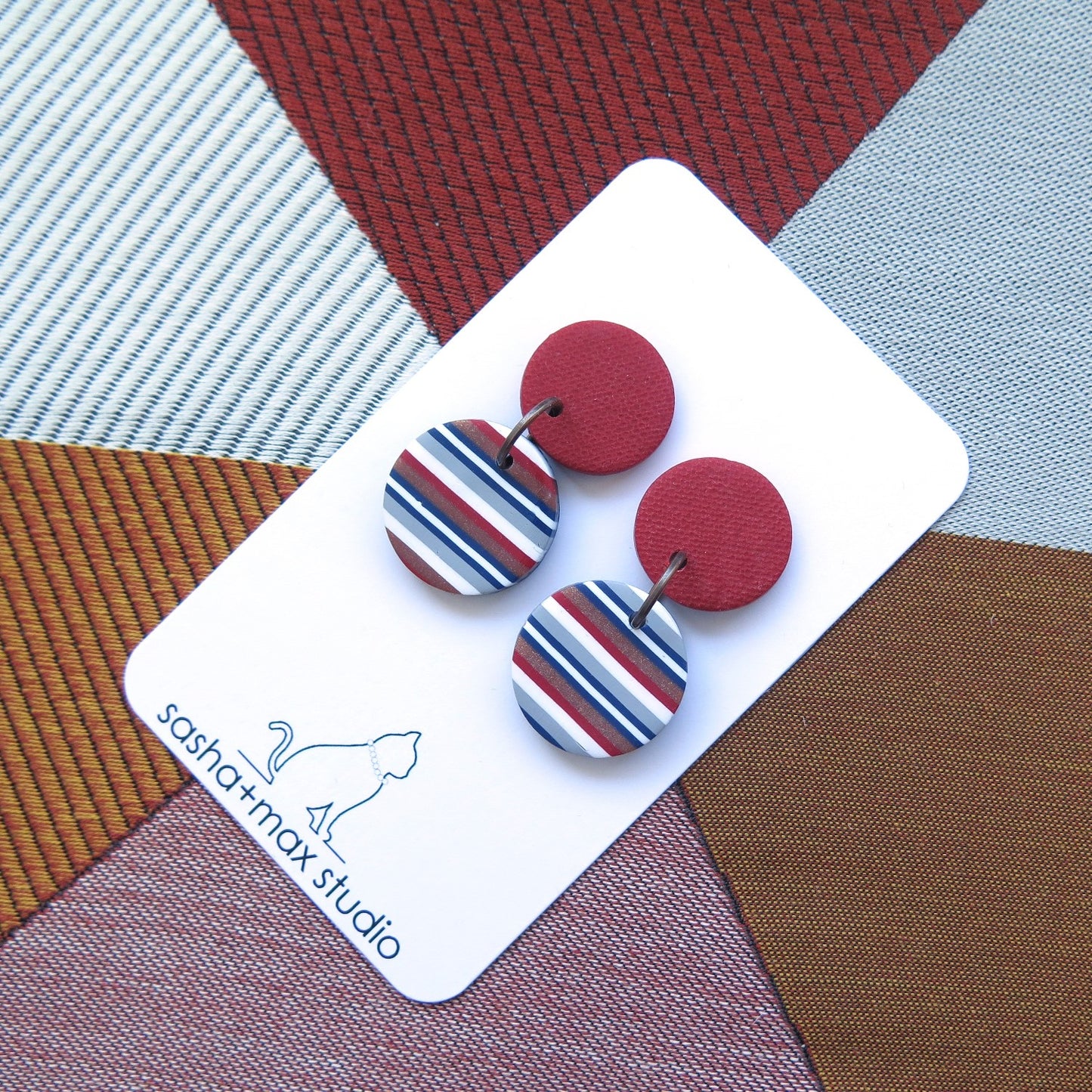 Ticking Stripe small horizontal round polymer clay earrings