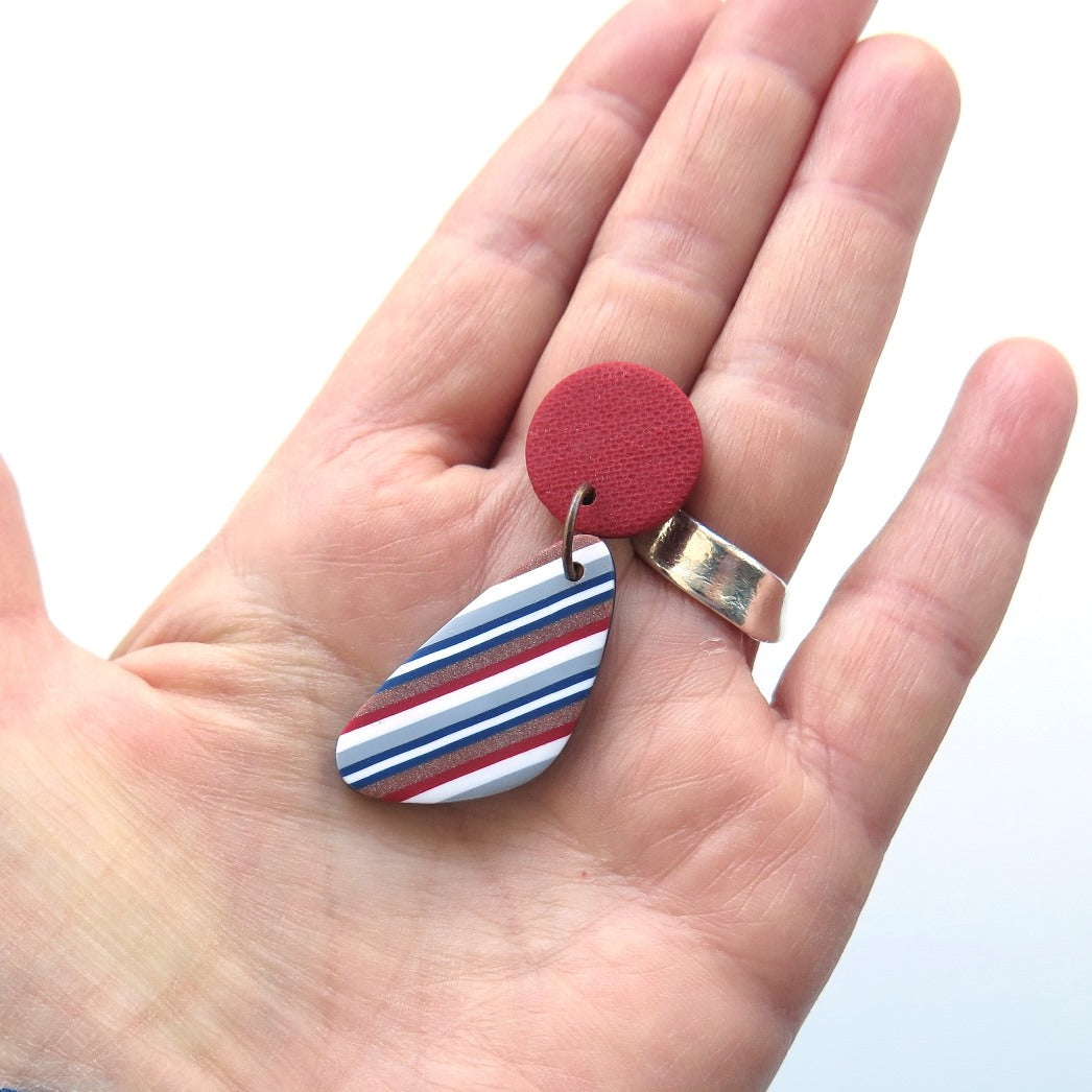 Ticking Stripe leaf shape red polymer clay earrings