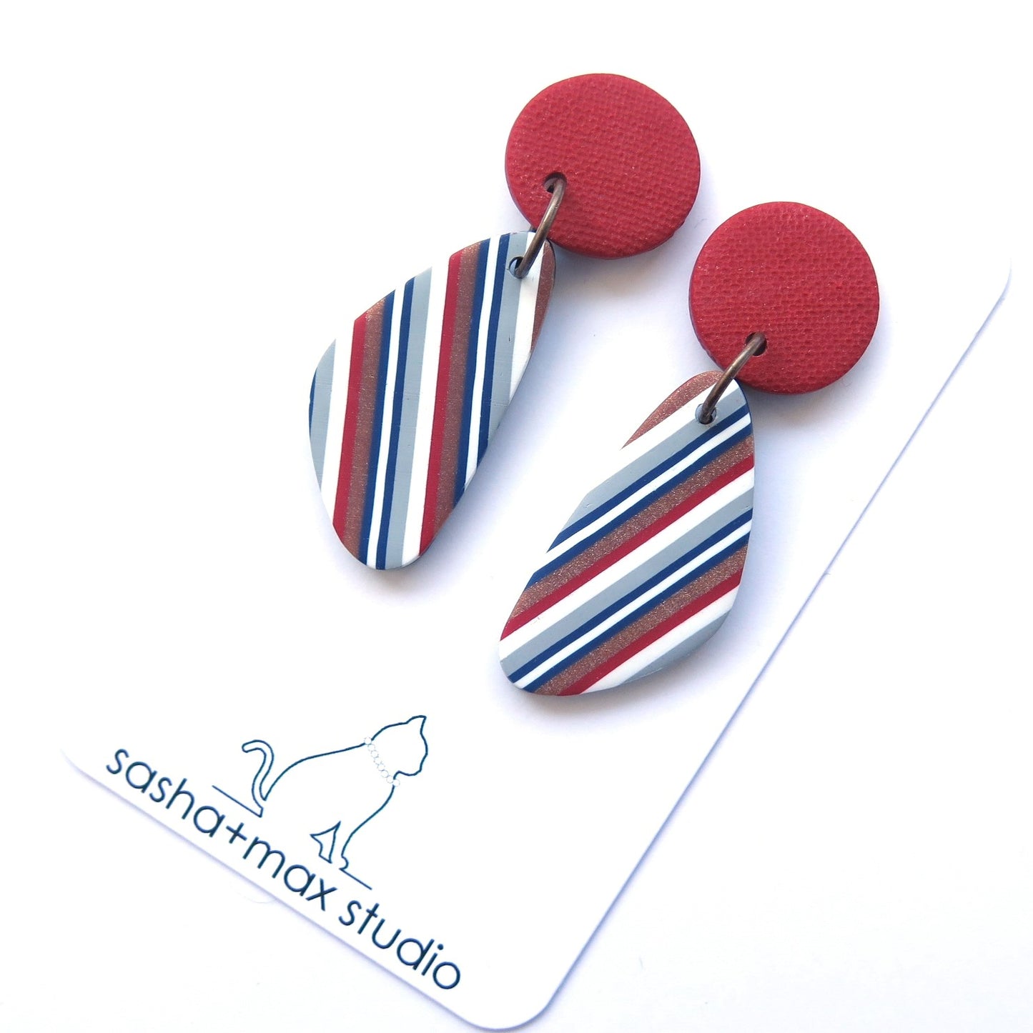 Ticking Stripe leaf shape red polymer clay earrings