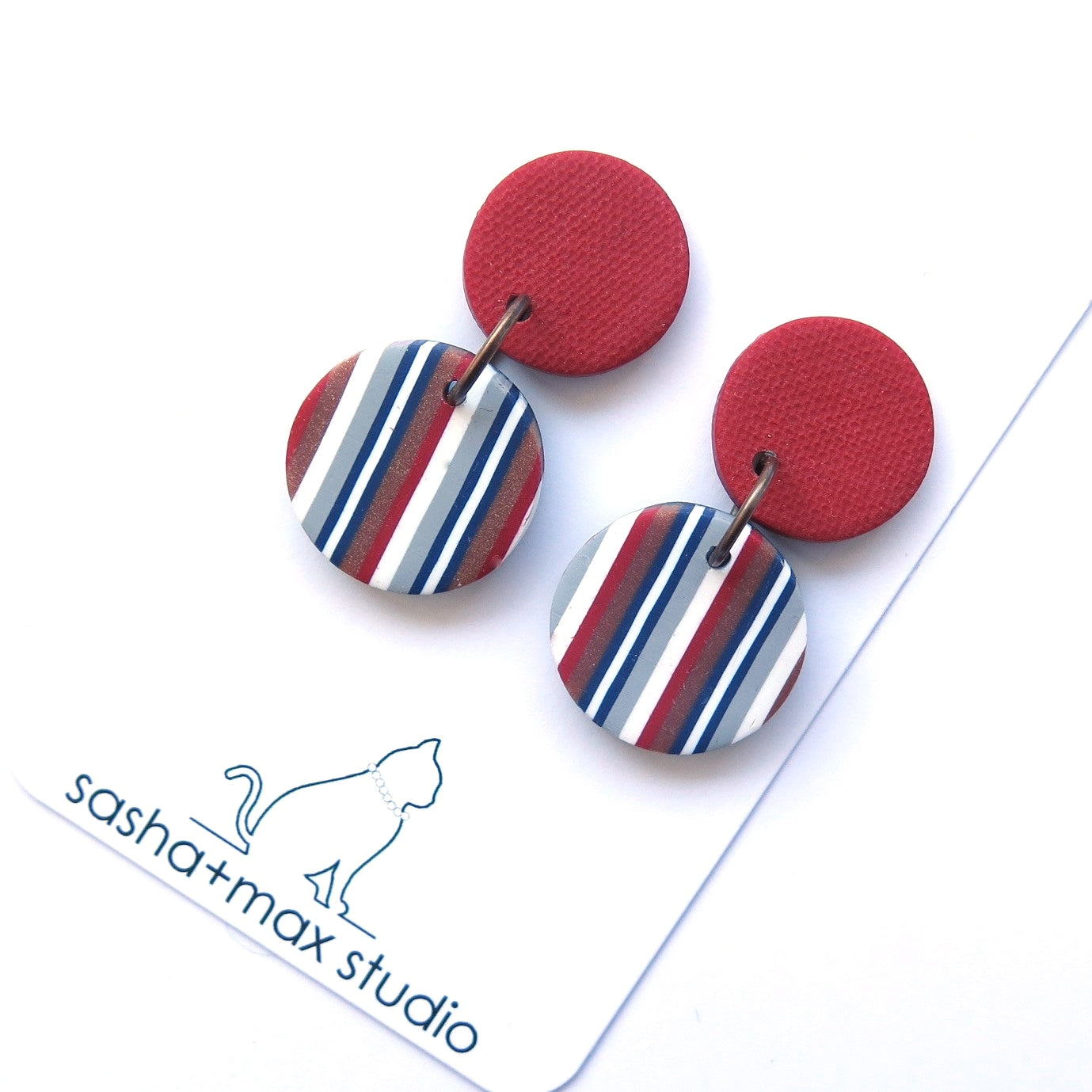 Ticking Stripe small vertical Round  polymer clay earrings