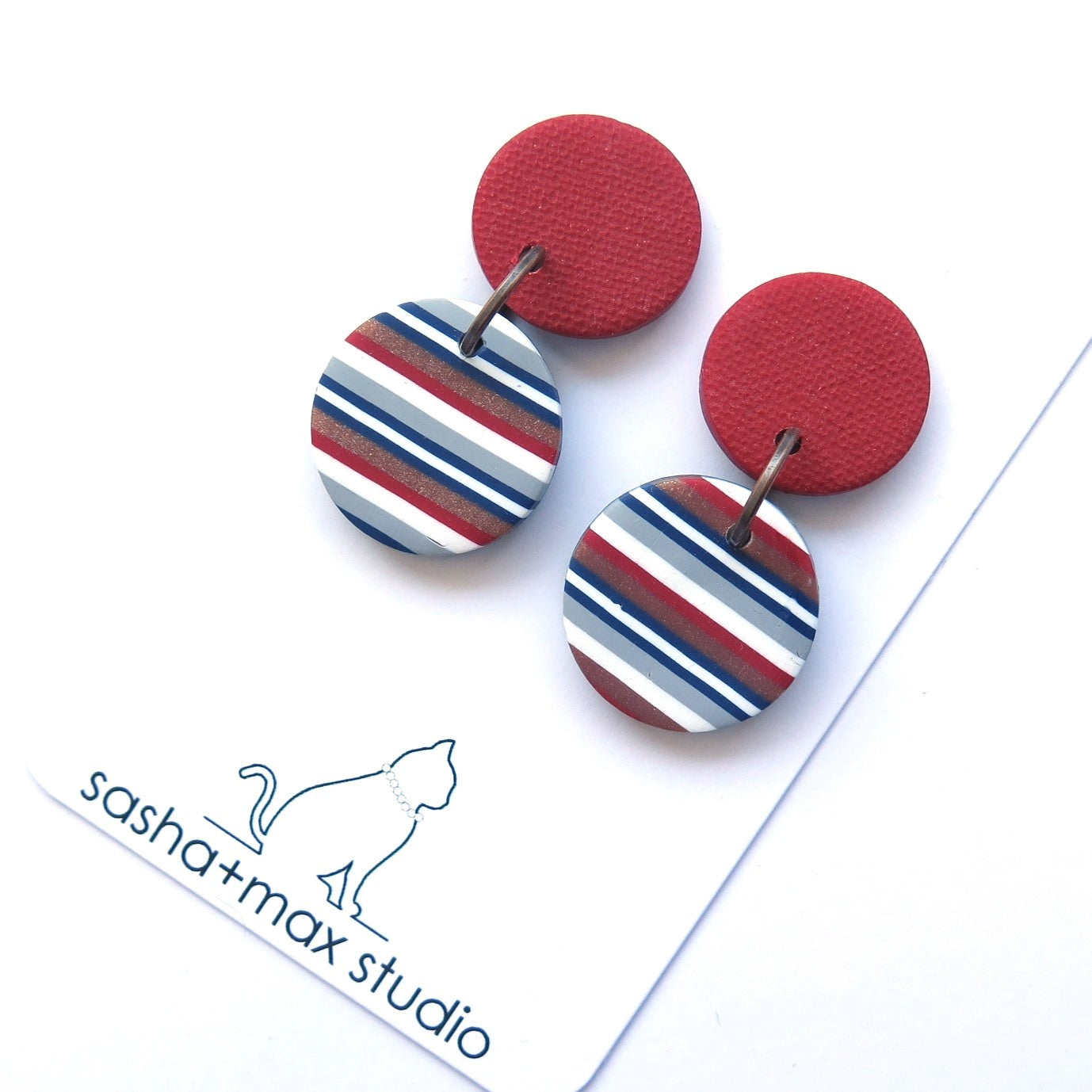 Ticking Stripe small horizontal round polymer clay earrings