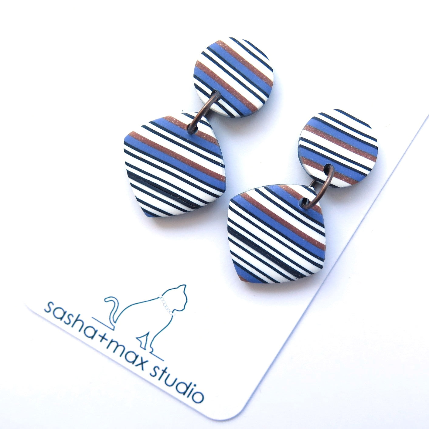 Bronze and Blue Stripe Diamond drop statement earrings