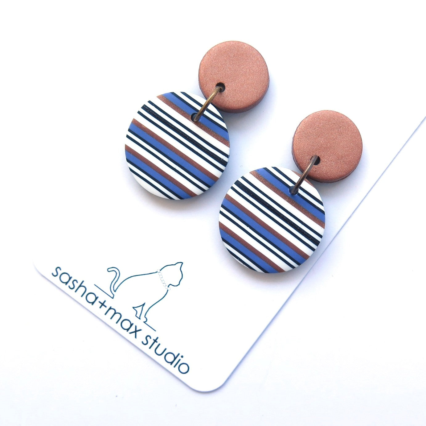 Bronze and Blue Stripe Disc drop statement earrings