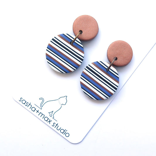 Bronze and Blue Stripe Disc drop statement earrings