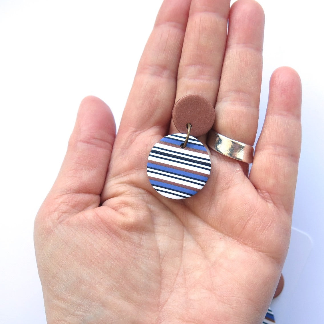 Bronze and Blue Stripe Disc drop statement earrings