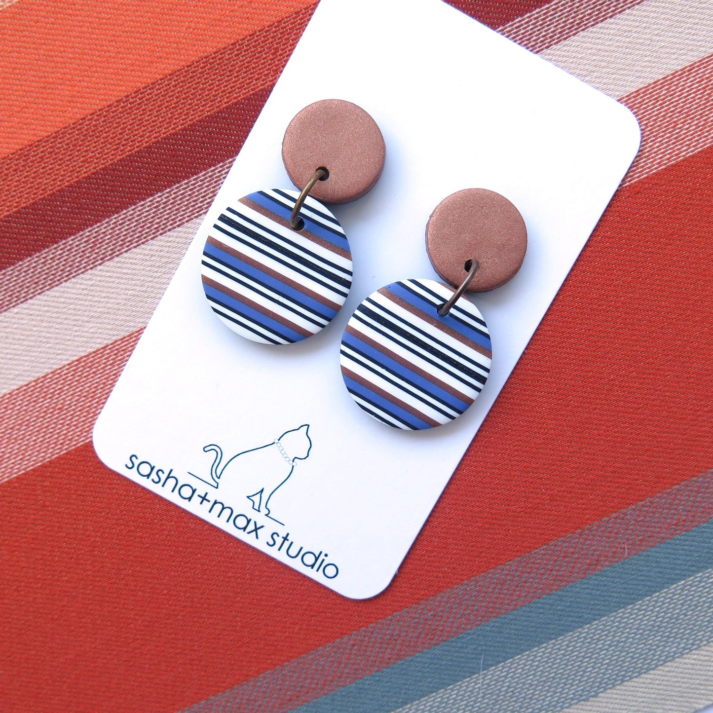 Bronze and Blue Stripe Disc drop statement earrings