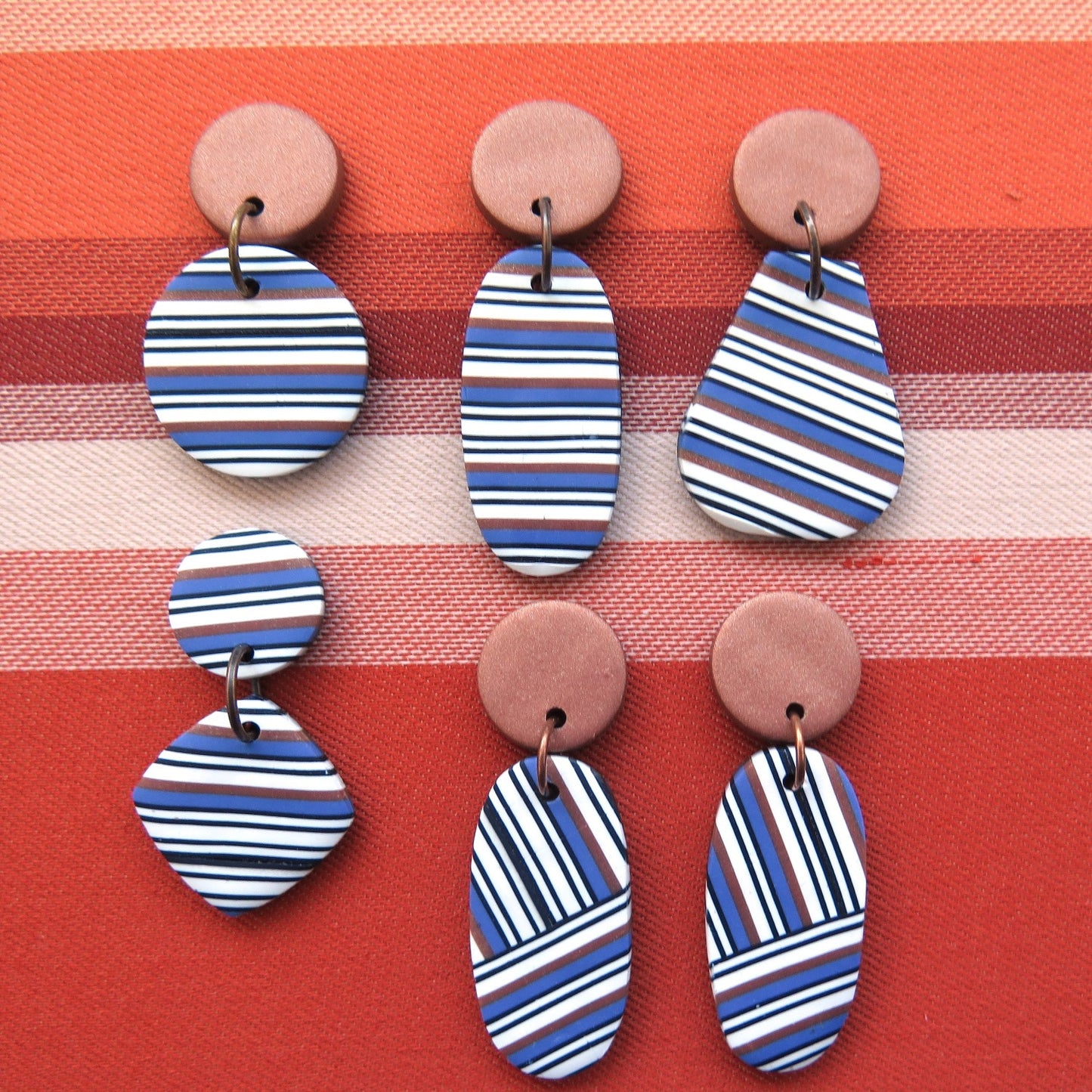 Bronze and Blue Stripe Diamond drop statement earrings