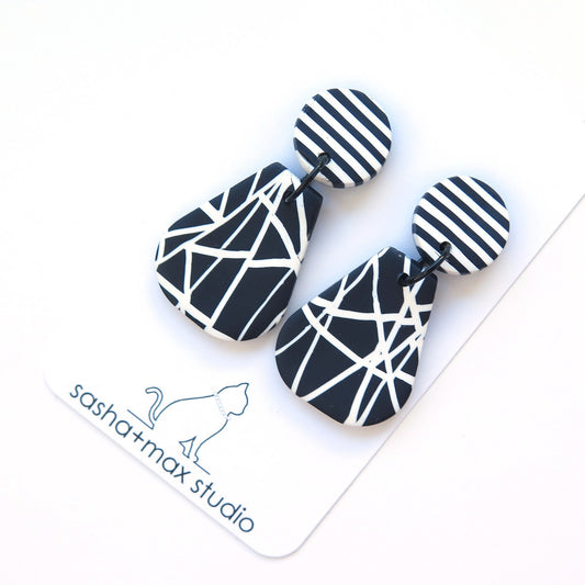 Abstract black and white pear shape earrings