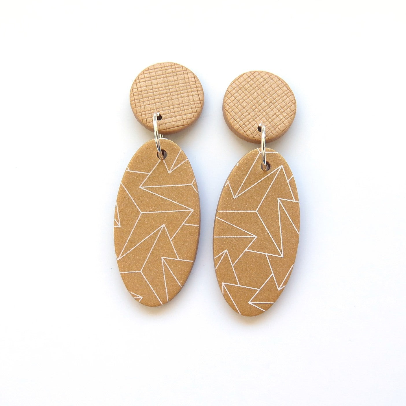 Gold Drop Statement Earrings - Oval Zig Zag
