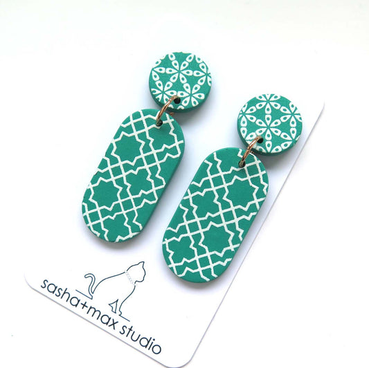 Fresh Green + white Drop Statement Earrings -  oval